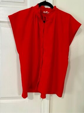 Red Frill-Neck Button Down Short Sleeve Blouse